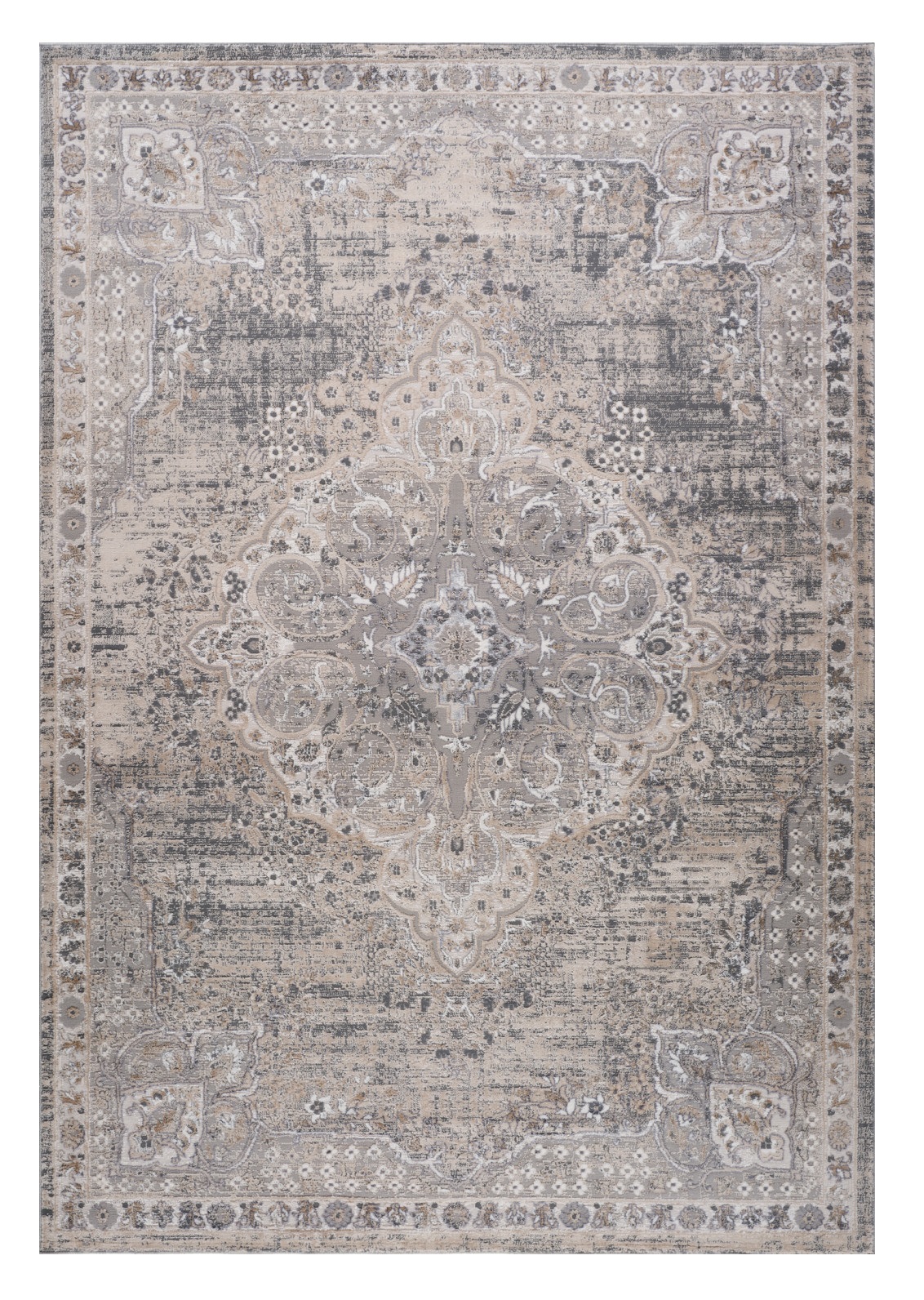5" X 8" Gray and Beige Oriental Distressed Area Rug