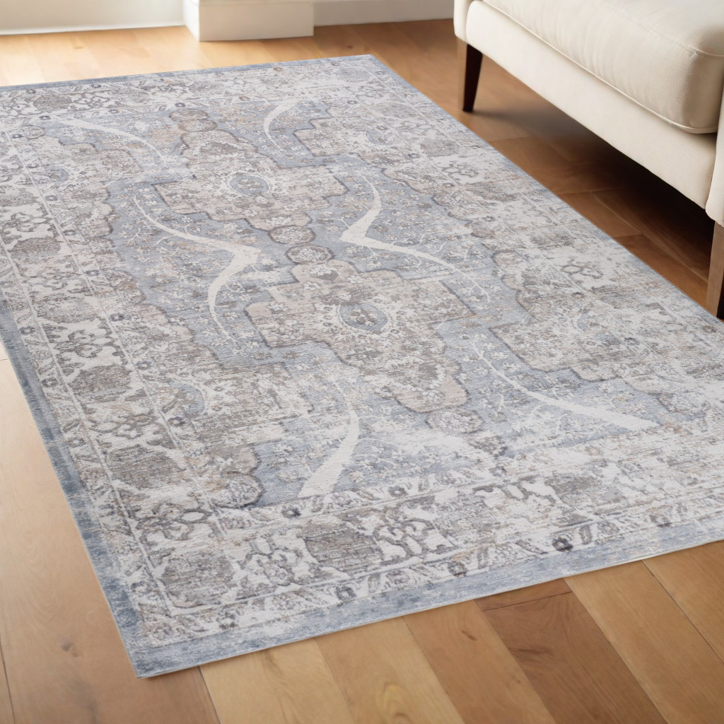 4" X 6" Blue and Gray Abstract Distressed Area Rug
