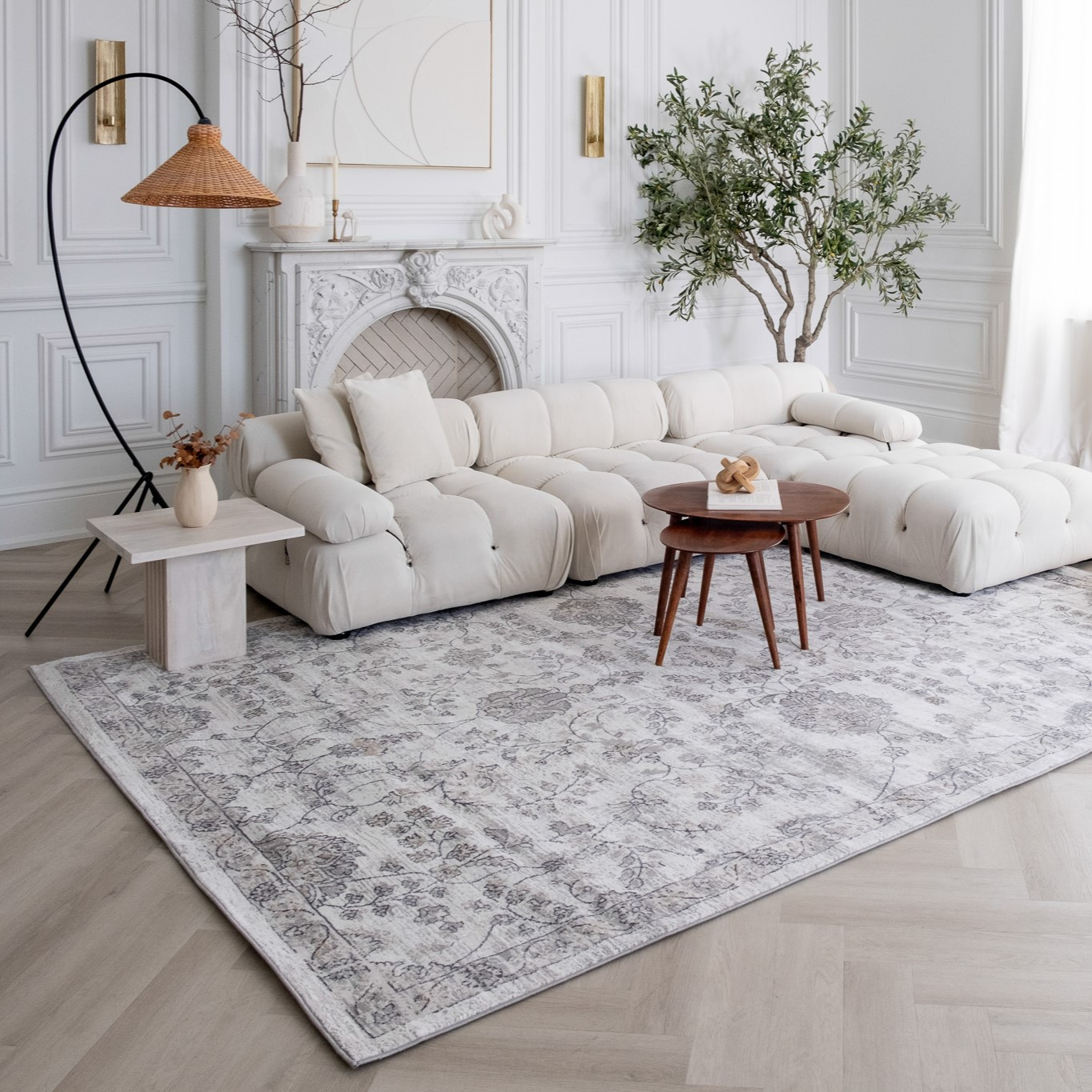 4" X 6" Beige and Gray Floral Distressed Area Rug