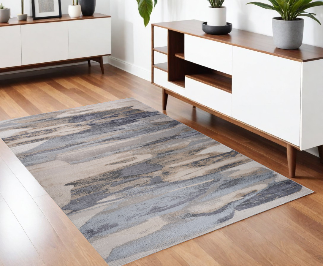 4" X 6" Blue and Beige Abstract Distressed Area Rug