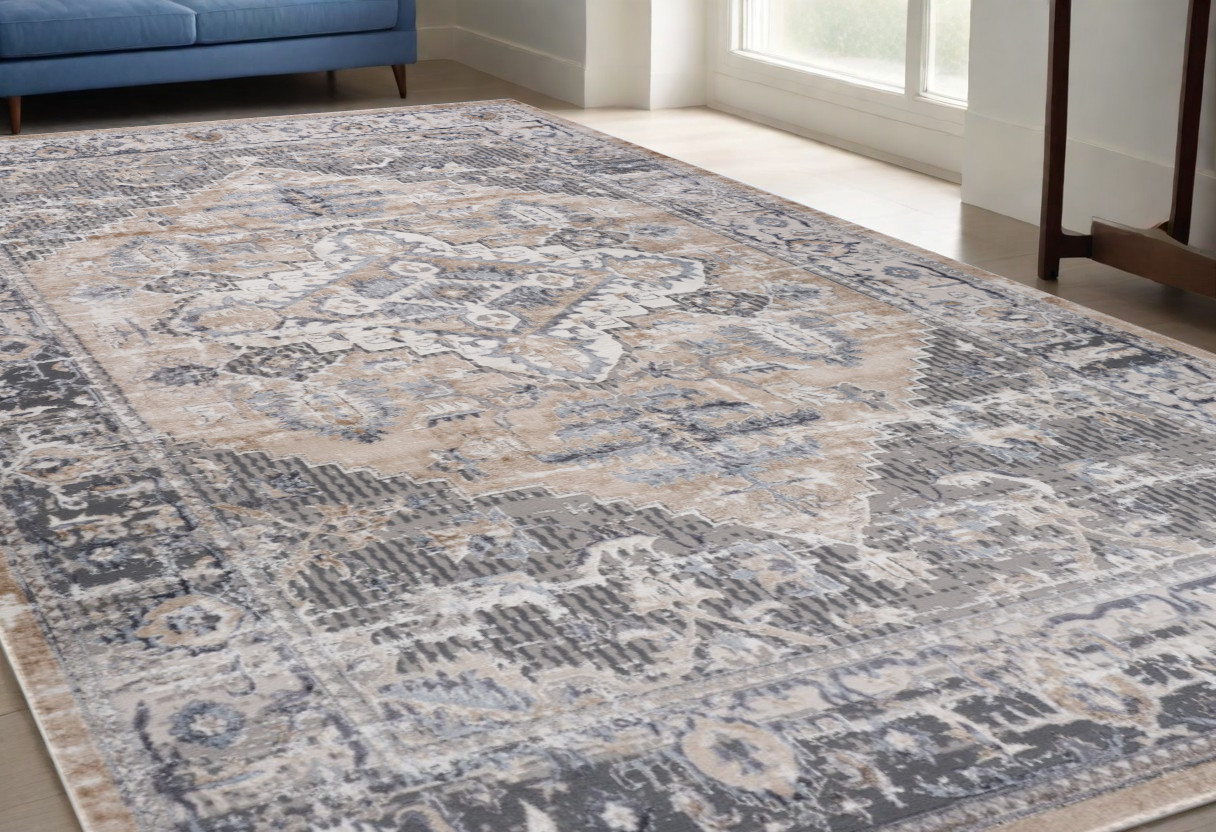 5" X 8" Gray and Brown Oriental Distressed Area Rug