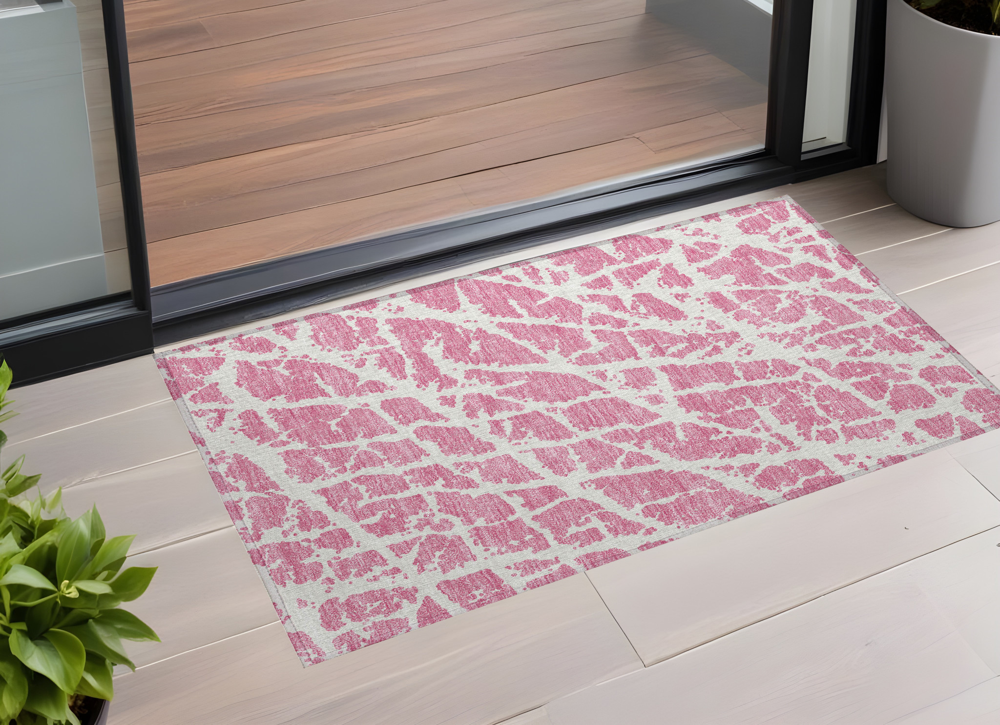 3' X 5' Pink and Ivory Abstract Washable Non Skid Indoor Outdoor Area Rug-559301-1