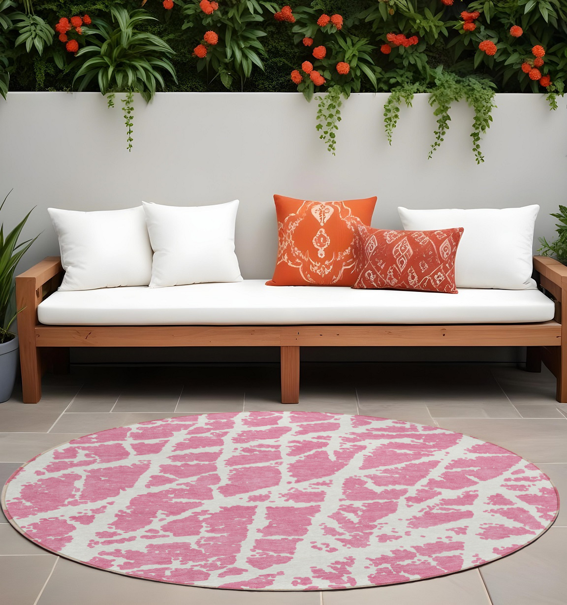 8' Round Pink and Ivory Round Abstract Washable Non Skid Indoor Outdoor Area Rug-559303-1