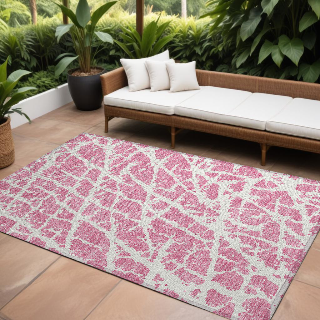 9' X 12' Pink and Ivory Abstract Washable Non Skid Indoor Outdoor Area Rug-559305-1