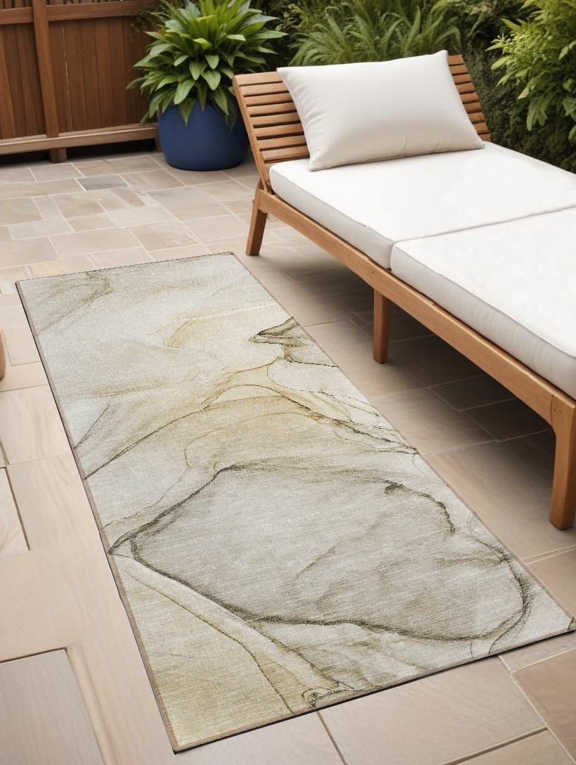 8' Runner Beige and Gray Abstract Washable Non Skid Indoor Outdoor Runner Rug-559344-1