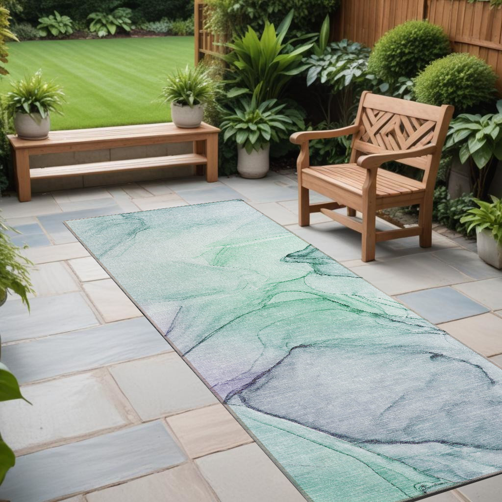 8' Runner Blue and Gray Abstract Washable Non Skid Indoor Outdoor Runner Rug-559353-1