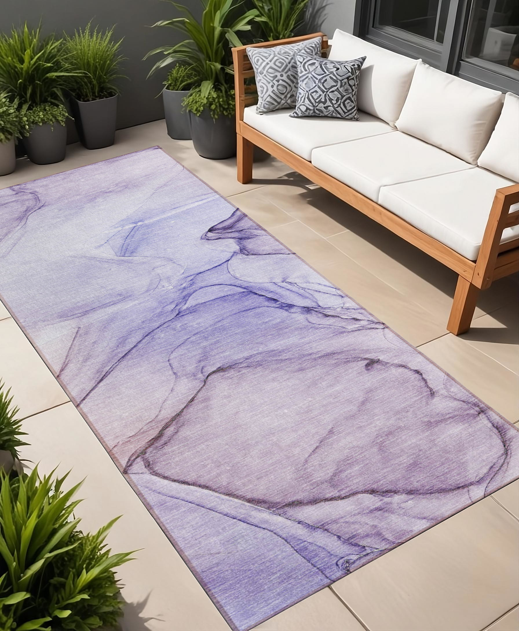2' X 8' Gray and Purple Abstract Washable Non Skid Indoor Outdoor Runner Rug-559407-1