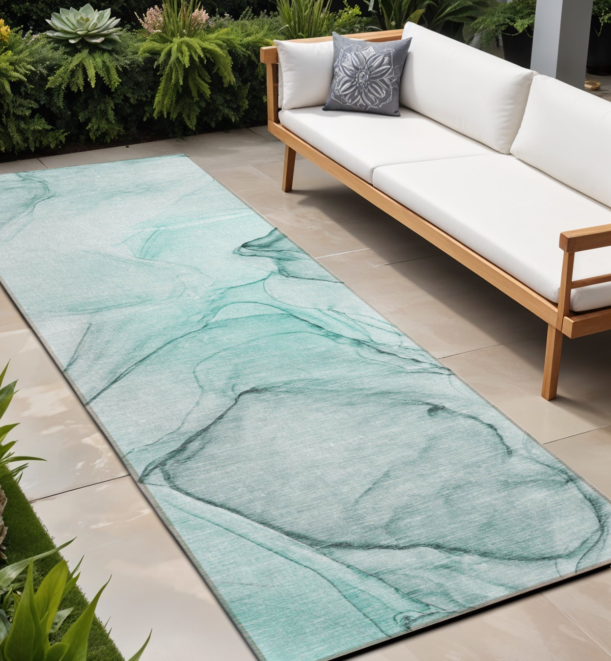 2' X 8' Teal and Gray Abstract Washable Non Skid Indoor Outdoor Runner Rug-559416-1