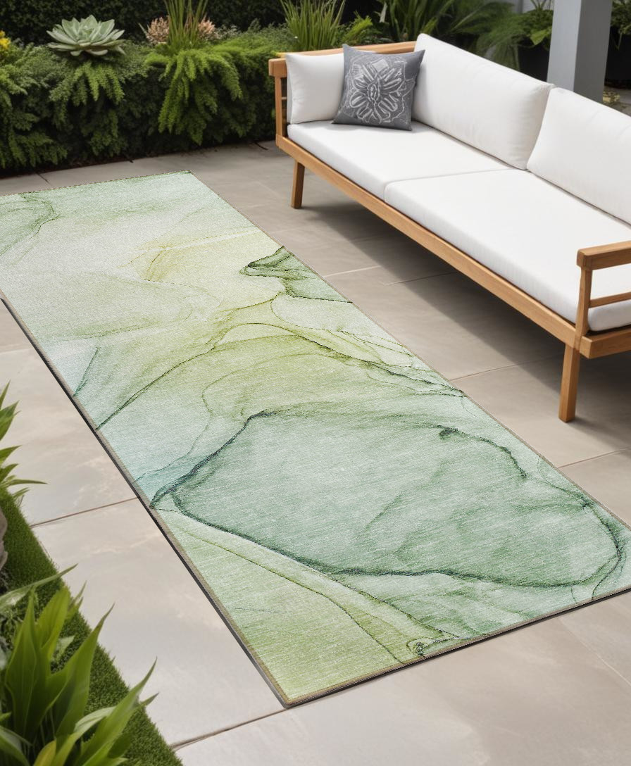 8' Runner Green Abstract Washable Non Skid Indoor Outdoor Runner Rug-559506-1