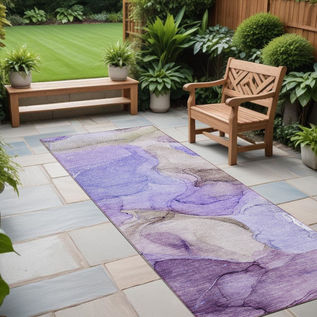 8' Runner Gray and Purple Abstract Washable Non Skid Indoor Outdoor Runner Rug-559524-1