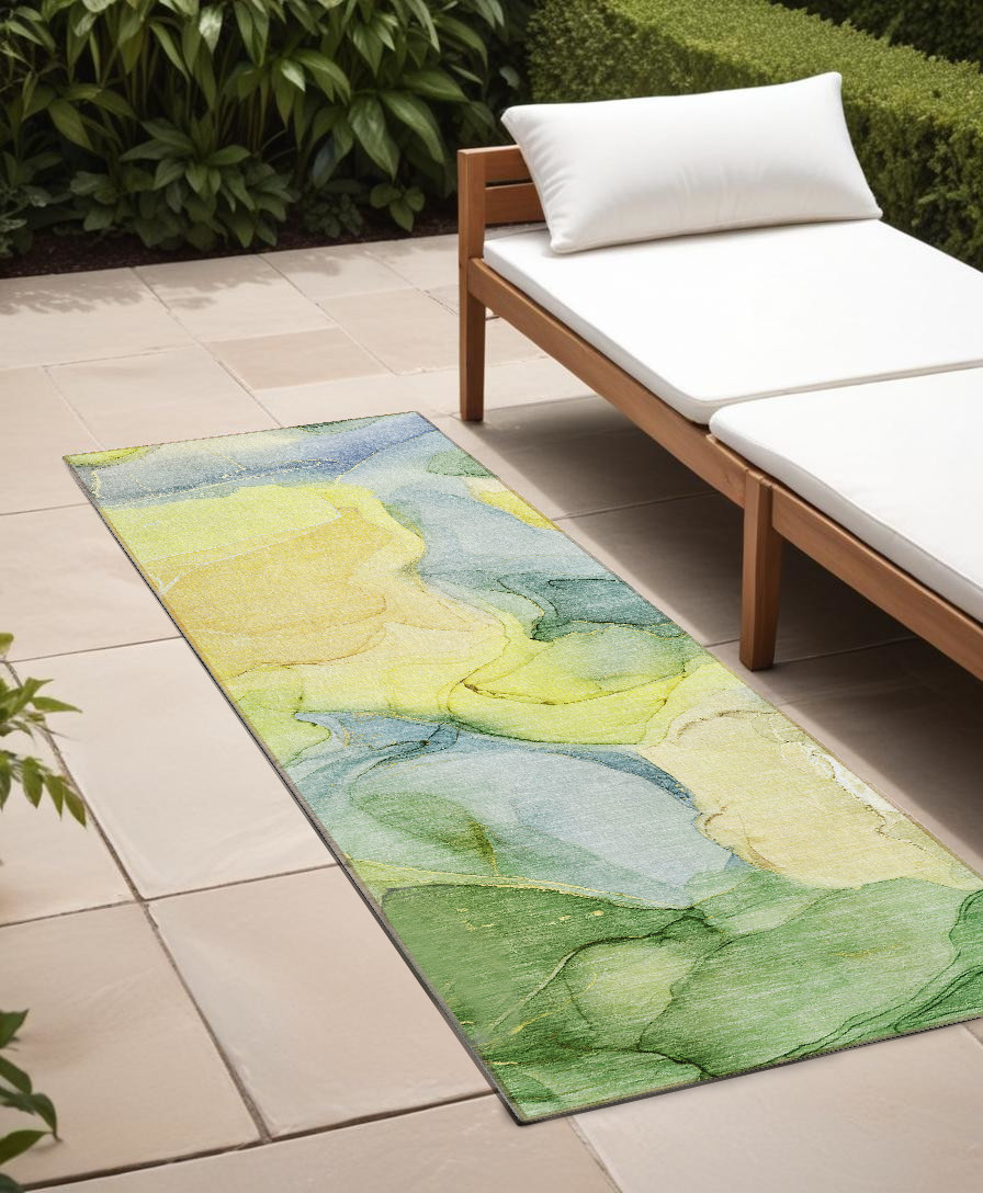 8' Runner Yellow Abstract Washable Non Skid Indoor Outdoor Runner Rug-559542-1