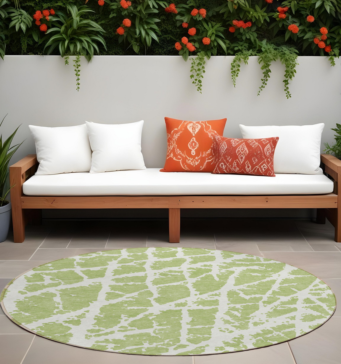 8' Round Green and White Round Abstract Washable Non Skid Indoor Outdoor Area Rug-559627-1