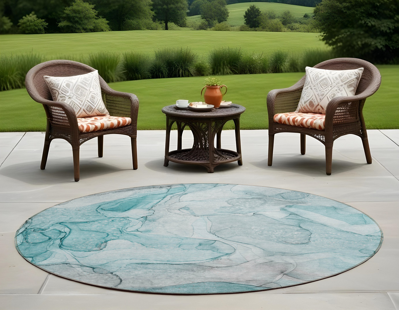 8' Round Gray and Ivory Round Abstract Washable Non Skid Indoor Outdoor Area Rug-559970-1