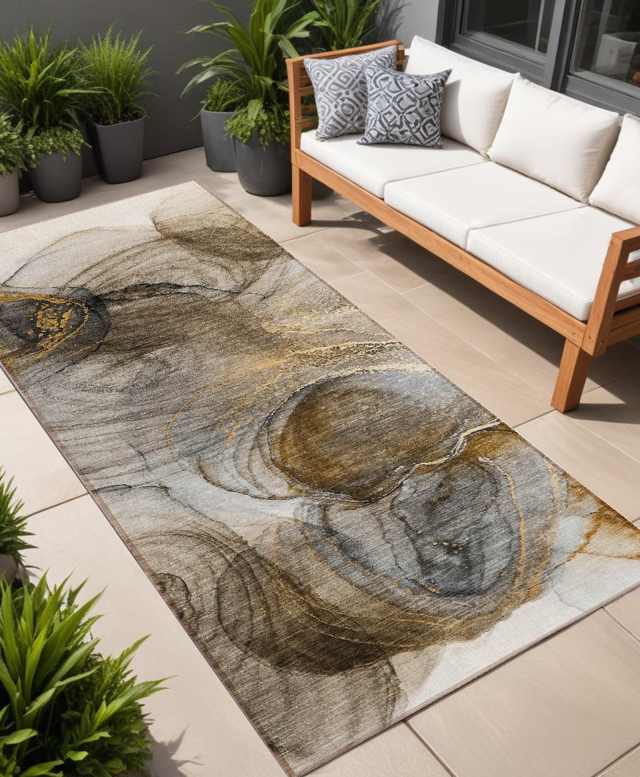 8' Runner Brown Abstract Washable Non Skid Indoor Outdoor Runner Rug-559984-1