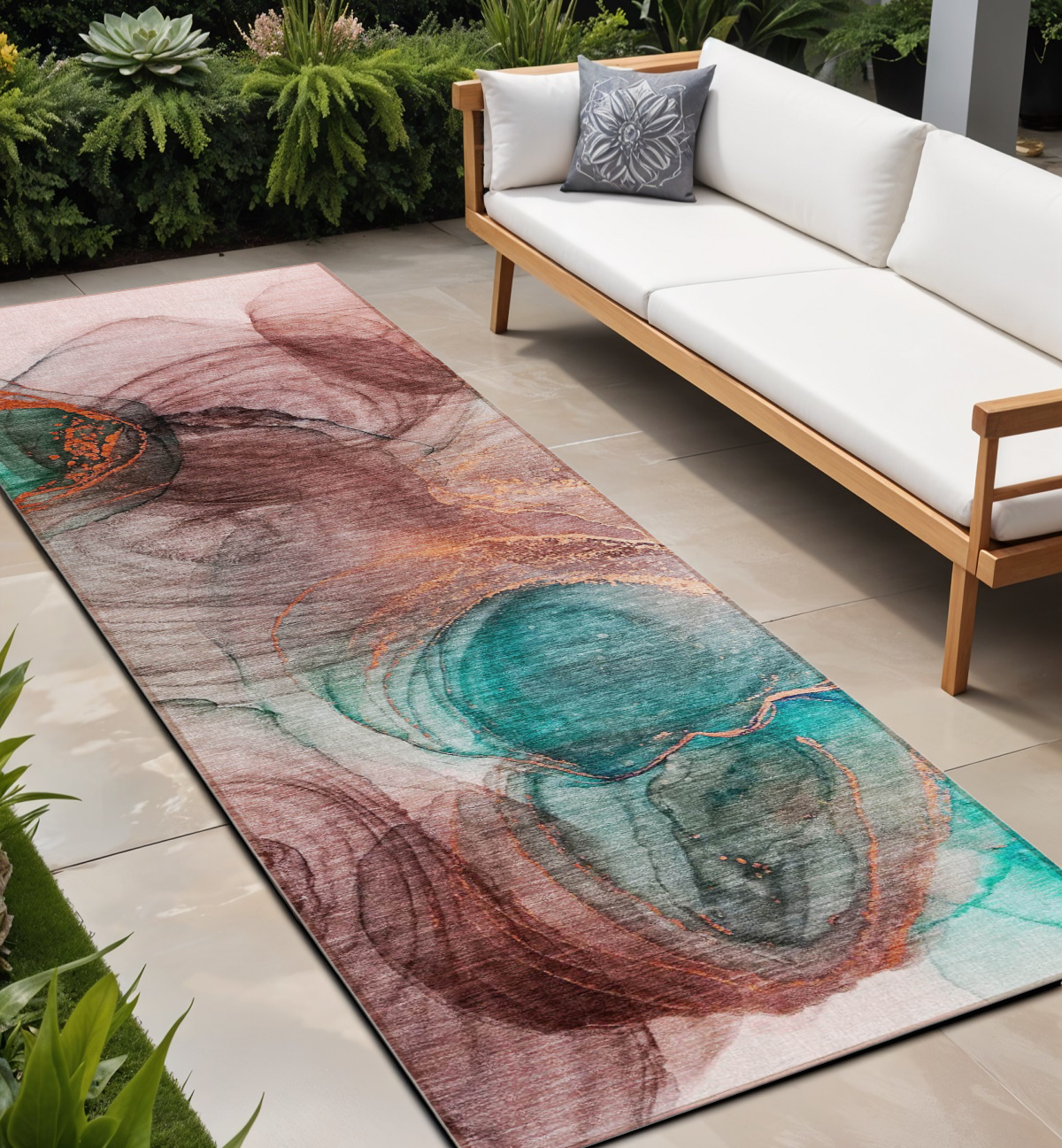 8' Runner Burgundy Abstract Washable Non Skid Indoor Outdoor Runner Rug-559993-1