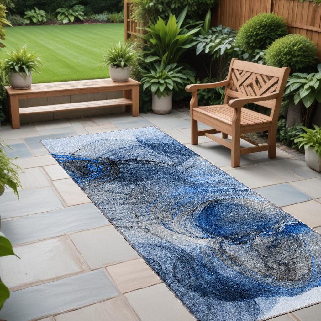 8' Runner Ivory Blue and Gray Abstract Washable Non Skid Indoor Outdoor Runner Rug-560002-1