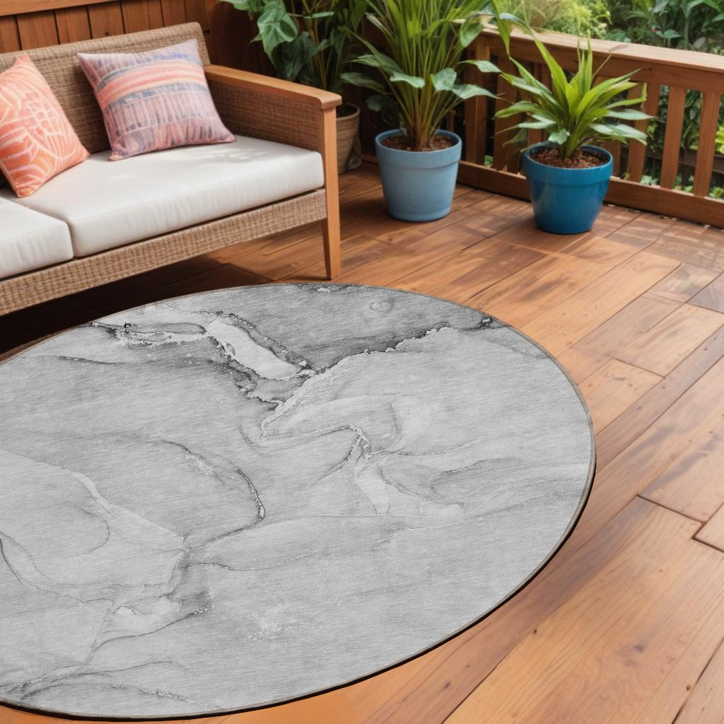 8' Round Gray Round Abstract Washable Non Skid Indoor Outdoor Area Rug-560207-1