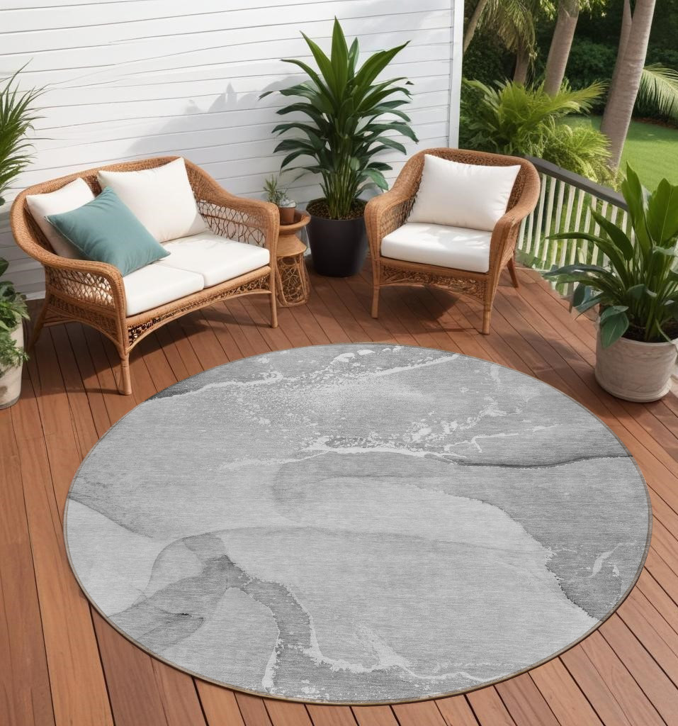 8' Round Gray and Ivory Round Abstract Washable Non Skid Indoor Outdoor Area Rug-560261-1
