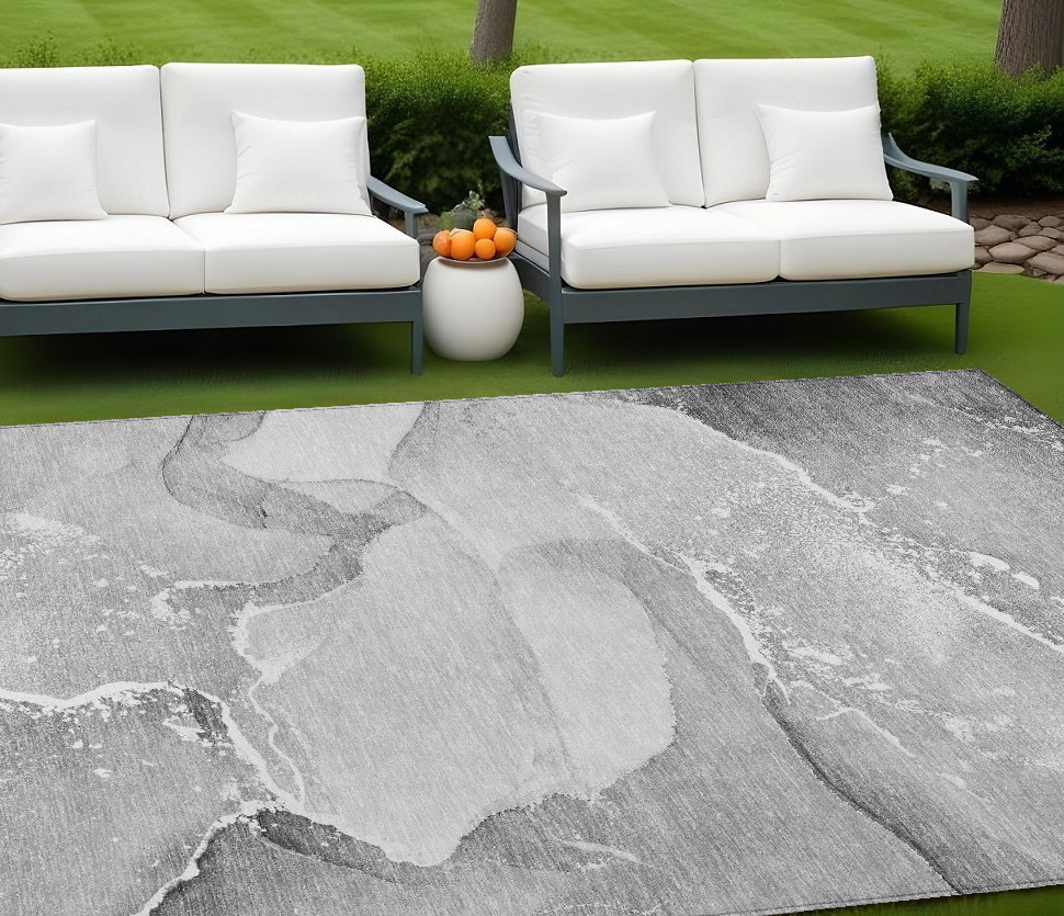 9' X 12' Gray and Ivory Abstract Washable Non Skid Indoor Outdoor Area Rug-560263-1