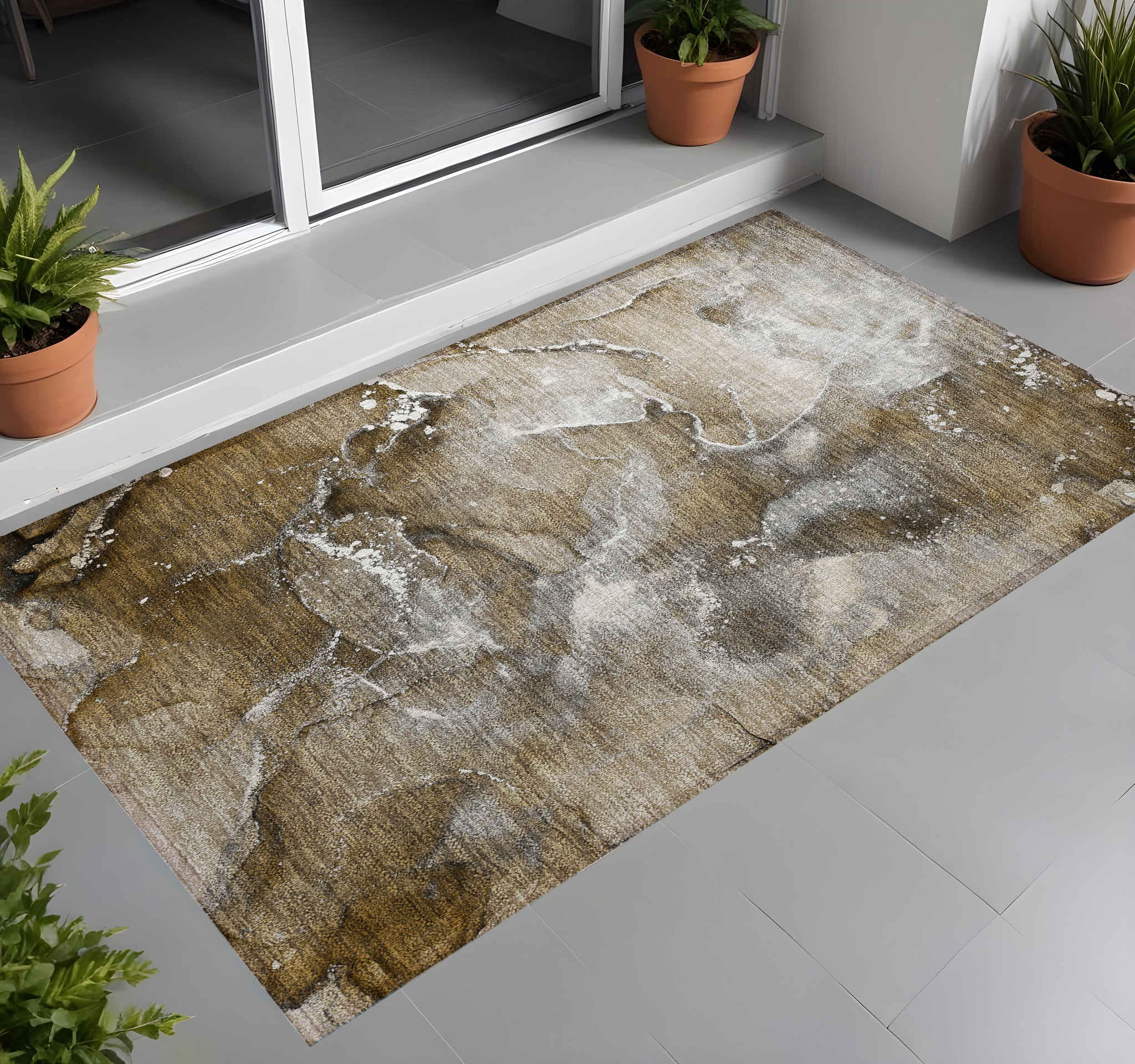 3' X 5' Brown and Gray Abstract Washable Non Skid Indoor Outdoor Area Rug-560286-1