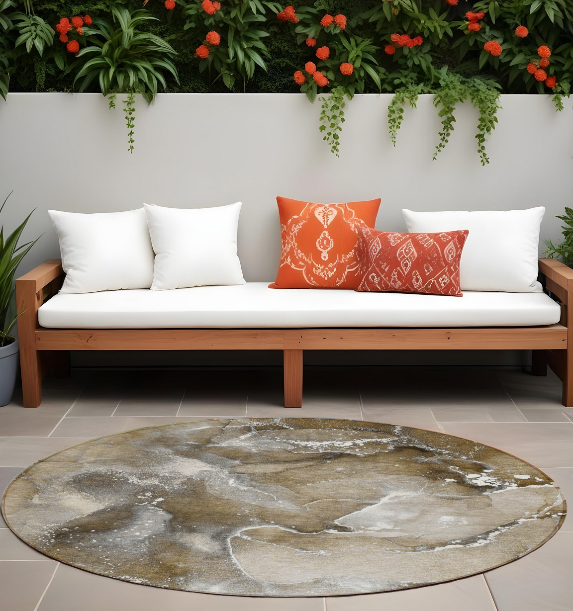 8' Round Brown and Gray Round Abstract Washable Non Skid Indoor Outdoor Area Rug-560288-1