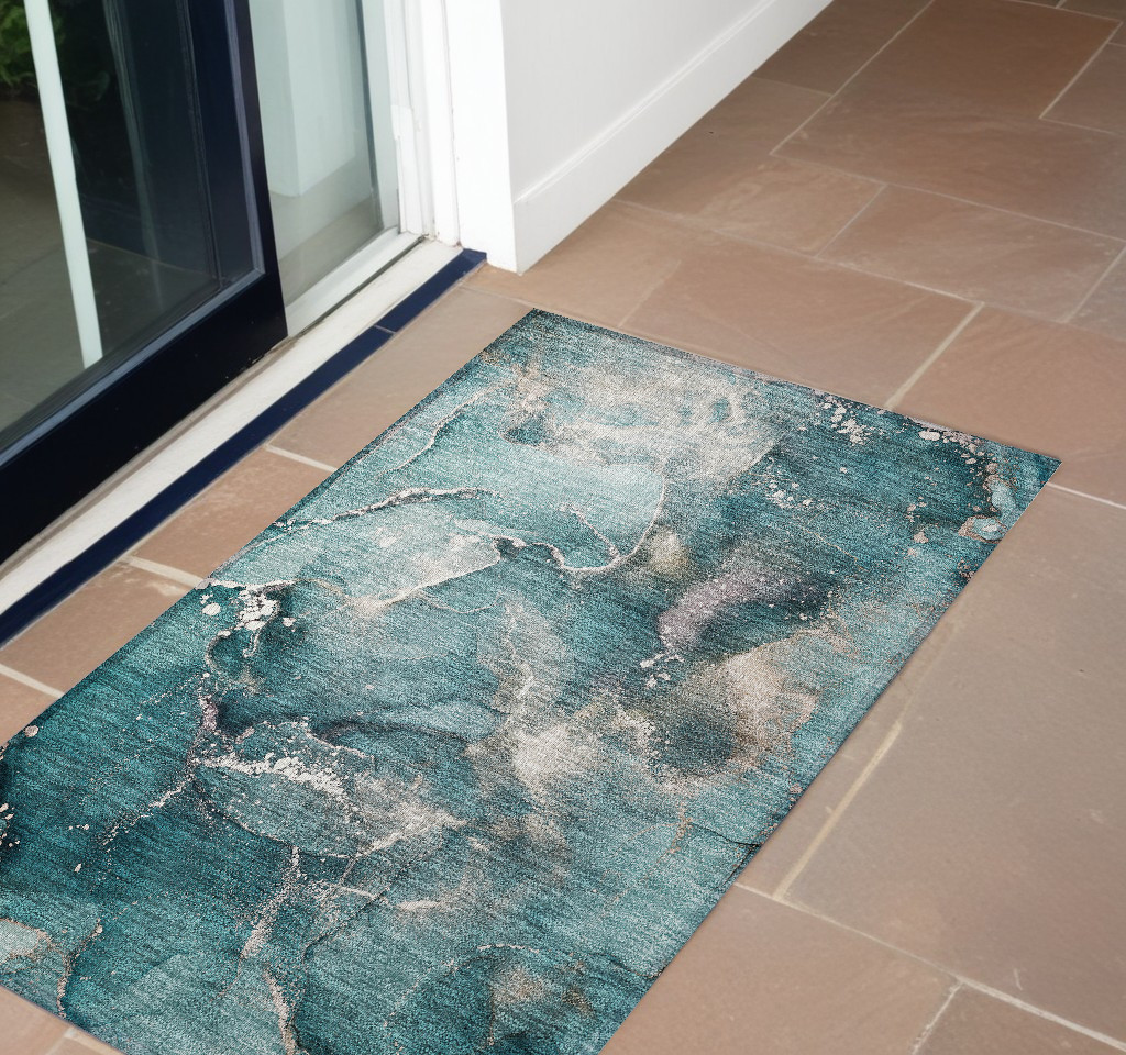 3' X 5' Teal Abstract Washable Non Skid Indoor Outdoor Area Rug-560331-1