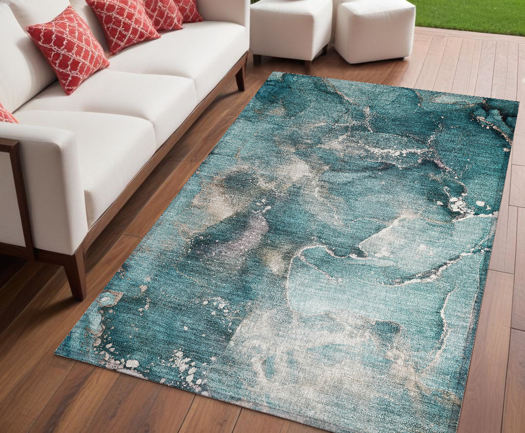 5' X 8' Teal Abstract Washable Non Skid Indoor Outdoor Area Rug-560332-1