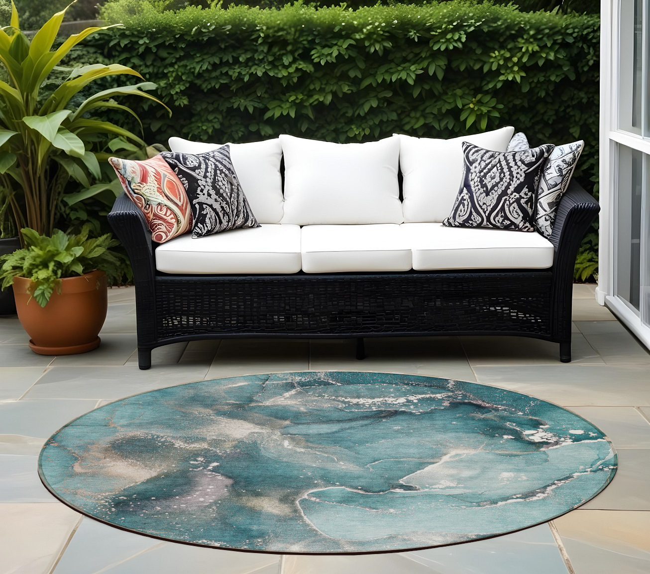 8' Round Teal Round Abstract Washable Non Skid Indoor Outdoor Area Rug-560333-1