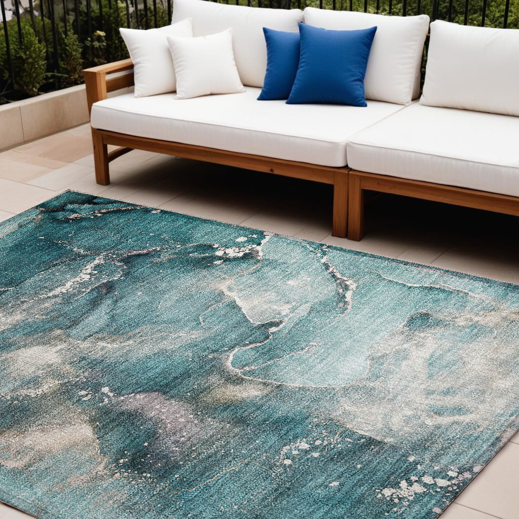 8' X 10' Teal Abstract Washable Non Skid Indoor Outdoor Area Rug-560334-1