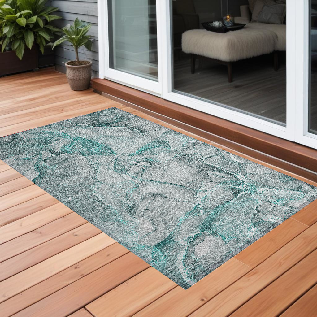 3' X 5' Gray and Ivory Abstract Washable Non Skid Indoor Outdoor Area Rug-560378-1
