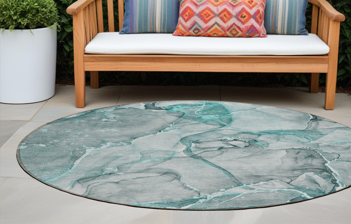 8' Round Gray and Ivory Round Abstract Washable Non Skid Indoor Outdoor Area Rug-560380-1