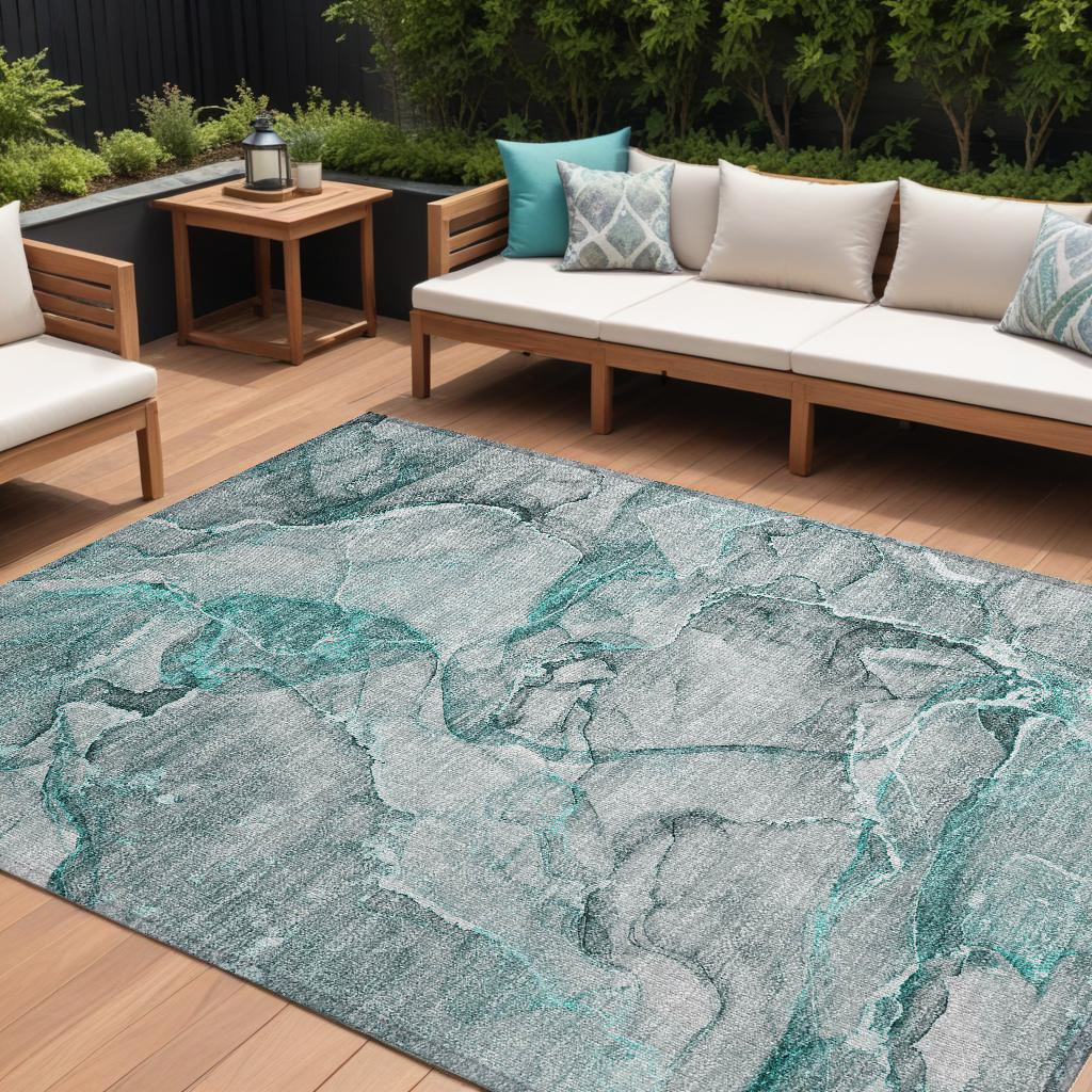 10' X 14' Gray and Ivory Abstract Washable Non Skid Indoor Outdoor Area Rug-560383-1