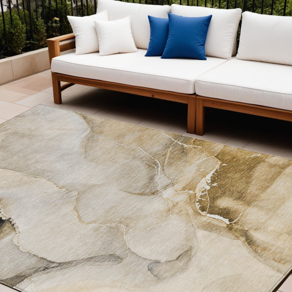 8' X 10' Beige and Brown Abstract Washable Indoor Outdoor Area Rug-560444-1