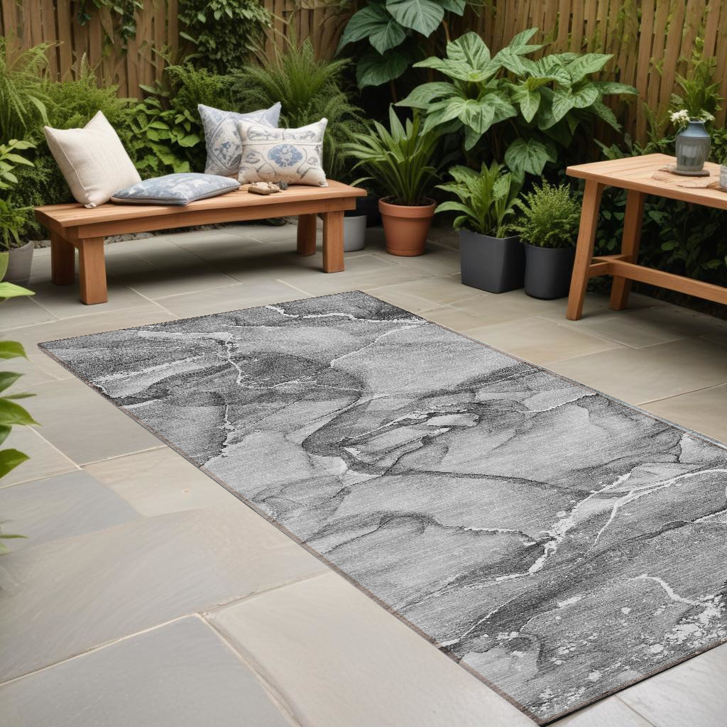 8' Runner Gray and Ivory Abstract Washable Non Skid Indoor Outdoor Runner Rug-560457-1