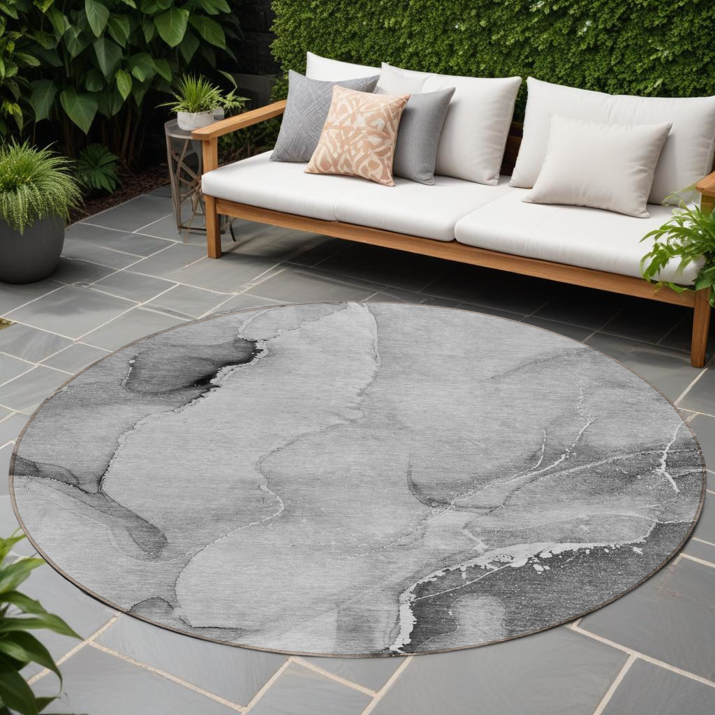 8' Round Gray and Ivory Round Abstract Washable Non Skid Indoor Outdoor Area Rug-560461-1