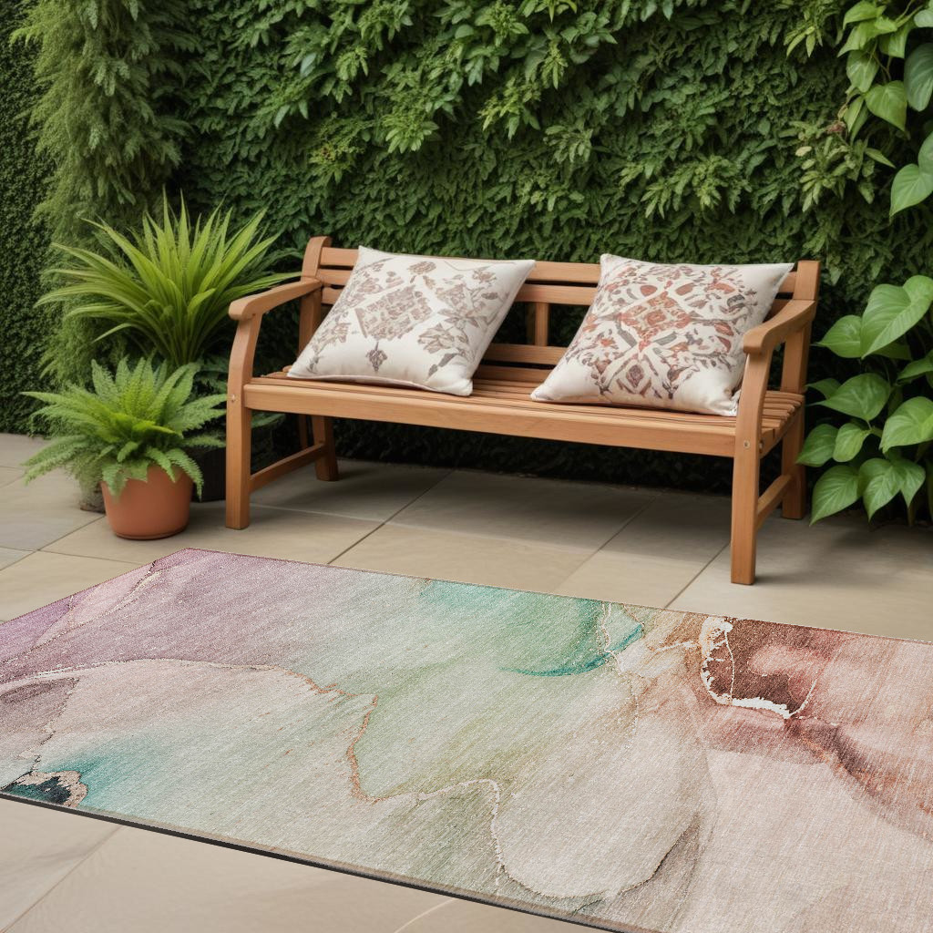 8' Runner Teal Abstract Washable Non Skid Indoor Outdoor Runner Rug-560475-1