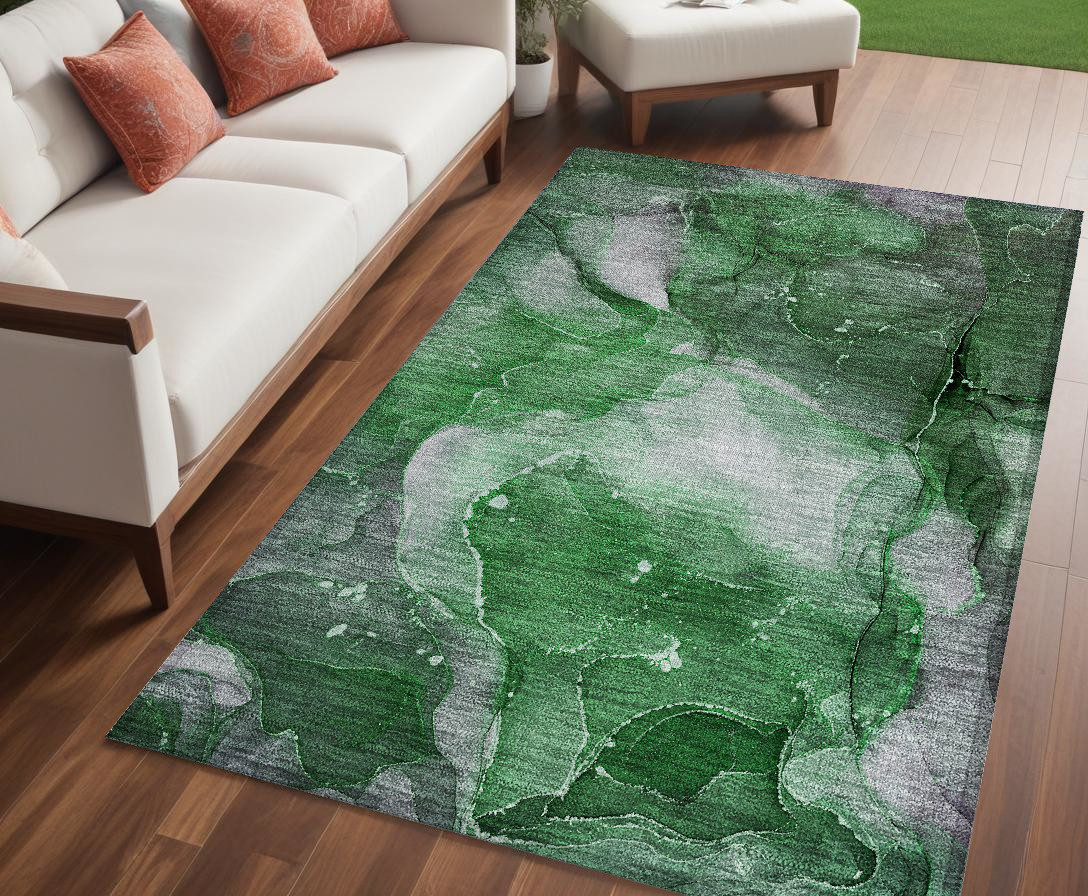 5' X 8' Emerald Abstract Washable Non Skid Indoor Outdoor Area Rug-560505-1