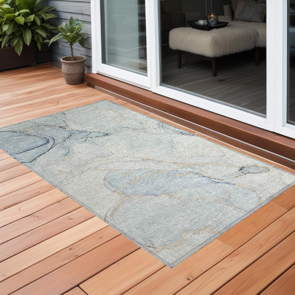 3' X 5' Beige and Blue Abstract Washable Non Skid Indoor Outdoor Area Rug-560558-1