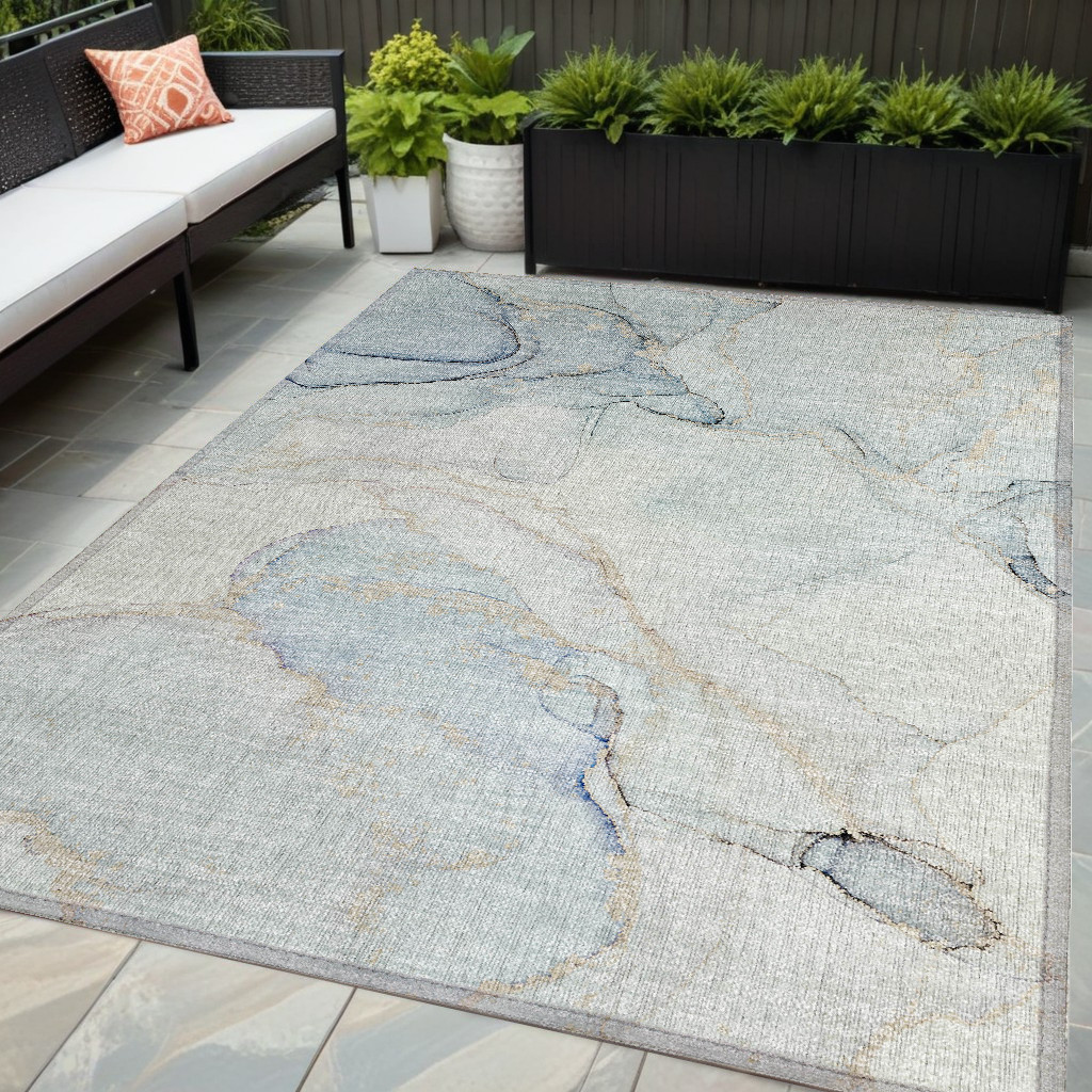 5' X 8' Beige and Blue Abstract Washable Non Skid Indoor Outdoor Area Rug-560559-1