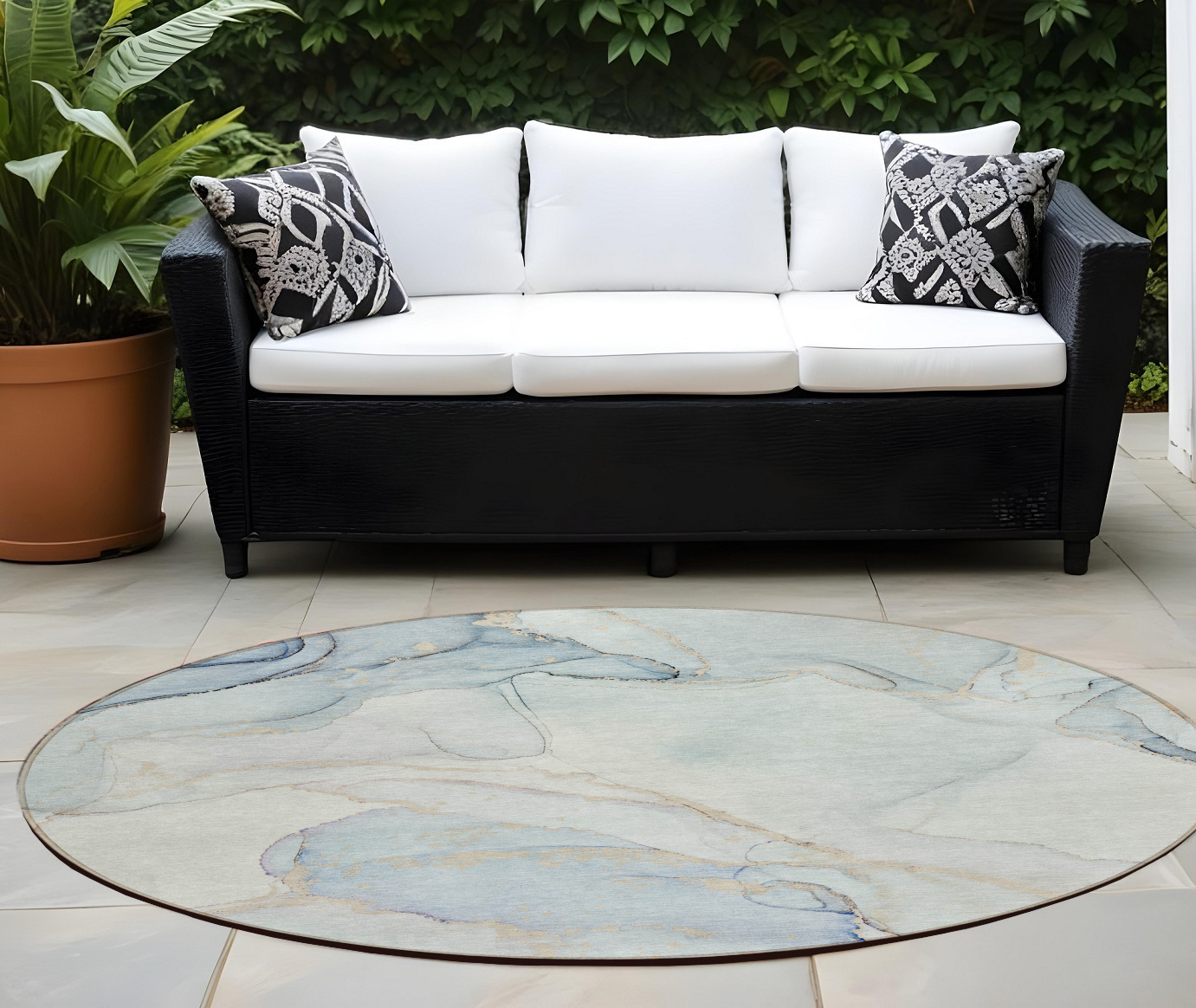 8' Round Beige and Blue Round Abstract Washable Non Skid Indoor Outdoor Area Rug-560560-1