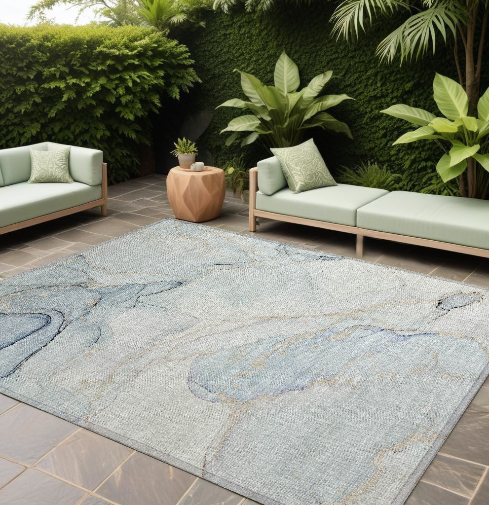 10' X 14' Beige and Blue Abstract Washable Non Skid Indoor Outdoor Area Rug-560563-1