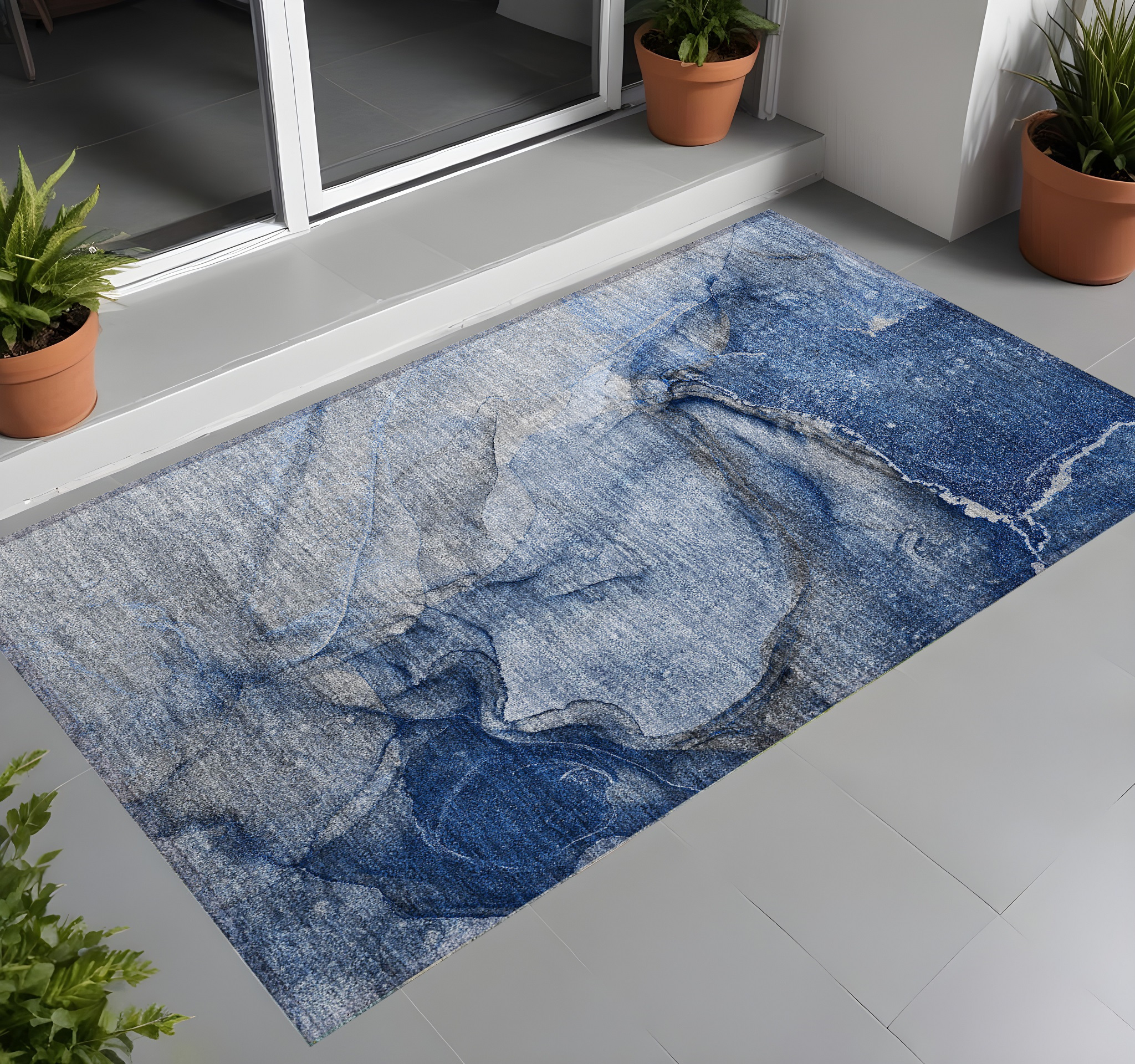 2' X 3' Navy Blue Abstract Washable Non Skid Indoor Outdoor Area Rug-560573-1