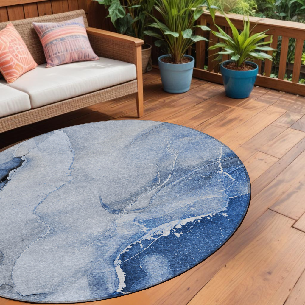 8' Round Navy Blue Round Abstract Washable Non Skid Indoor Outdoor Area Rug-560578-1