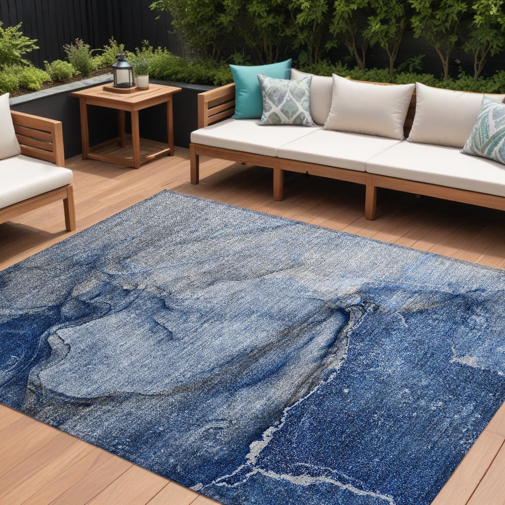 9' X 12' Navy Blue Abstract Washable Non Skid Indoor Outdoor Area Rug-560580-1