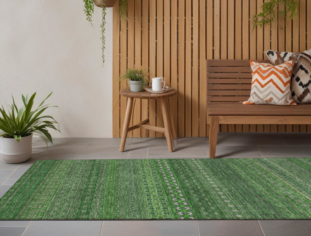 2' X 8' Fern Green Striped Washable Indoor Outdoor Runner Rug-560709-1
