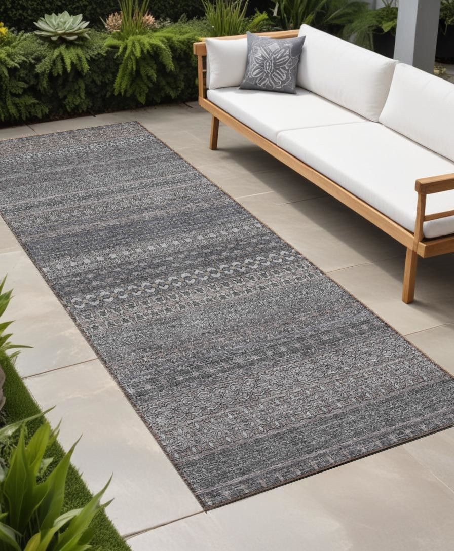 2' X 8' Gray Striped Washable Indoor Outdoor Runner Rug-560718-1