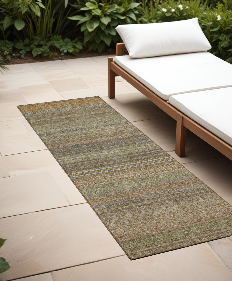 2' X 8' Khaki Striped Washable Indoor Outdoor Runner Rug-560727-1