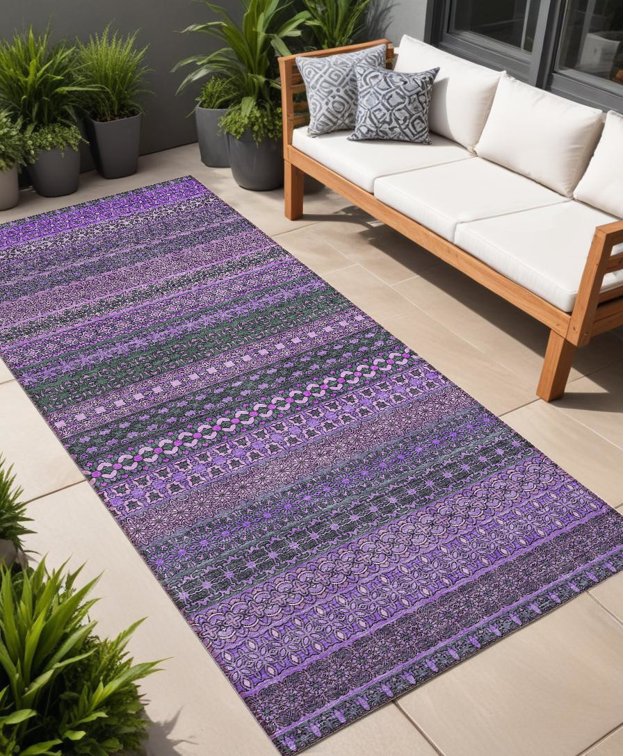 8' Runner Purple Striped Washable Non Skid Indoor Outdoor Runner Rug-560772-1