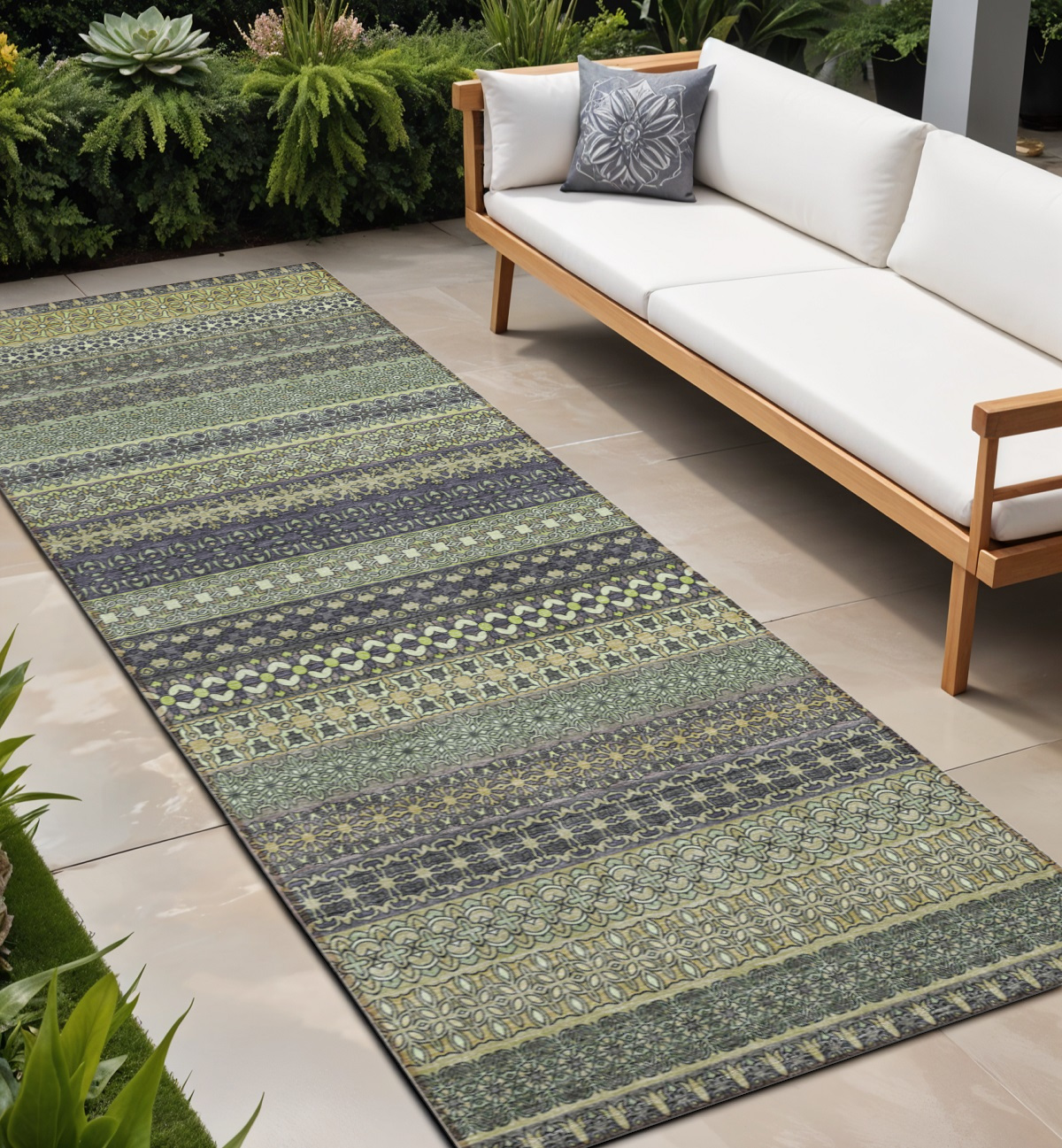 8' Runner Sage Striped Washable Non Skid Indoor Outdoor Runner Rug-560781-1