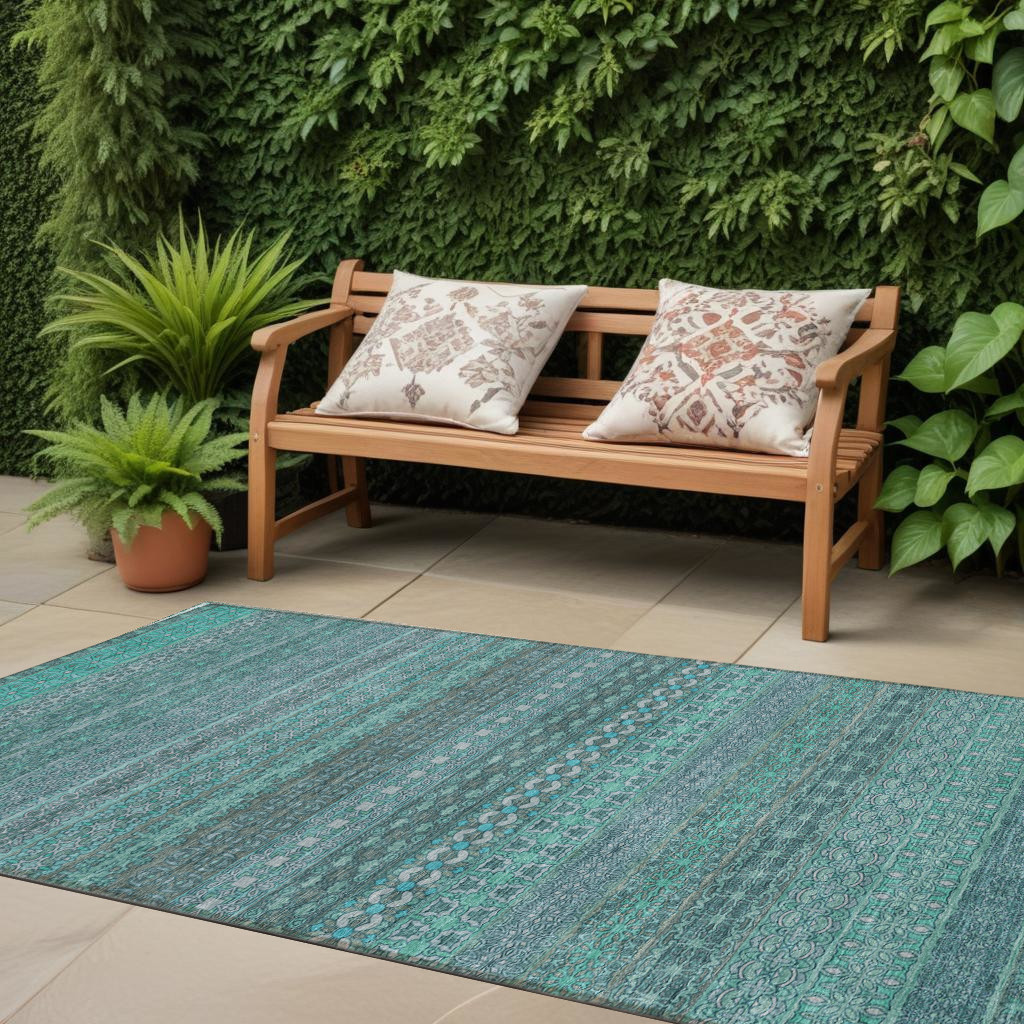 2' X 8' Turquoise Striped Washable Indoor Outdoor Runner Rug-560790-1